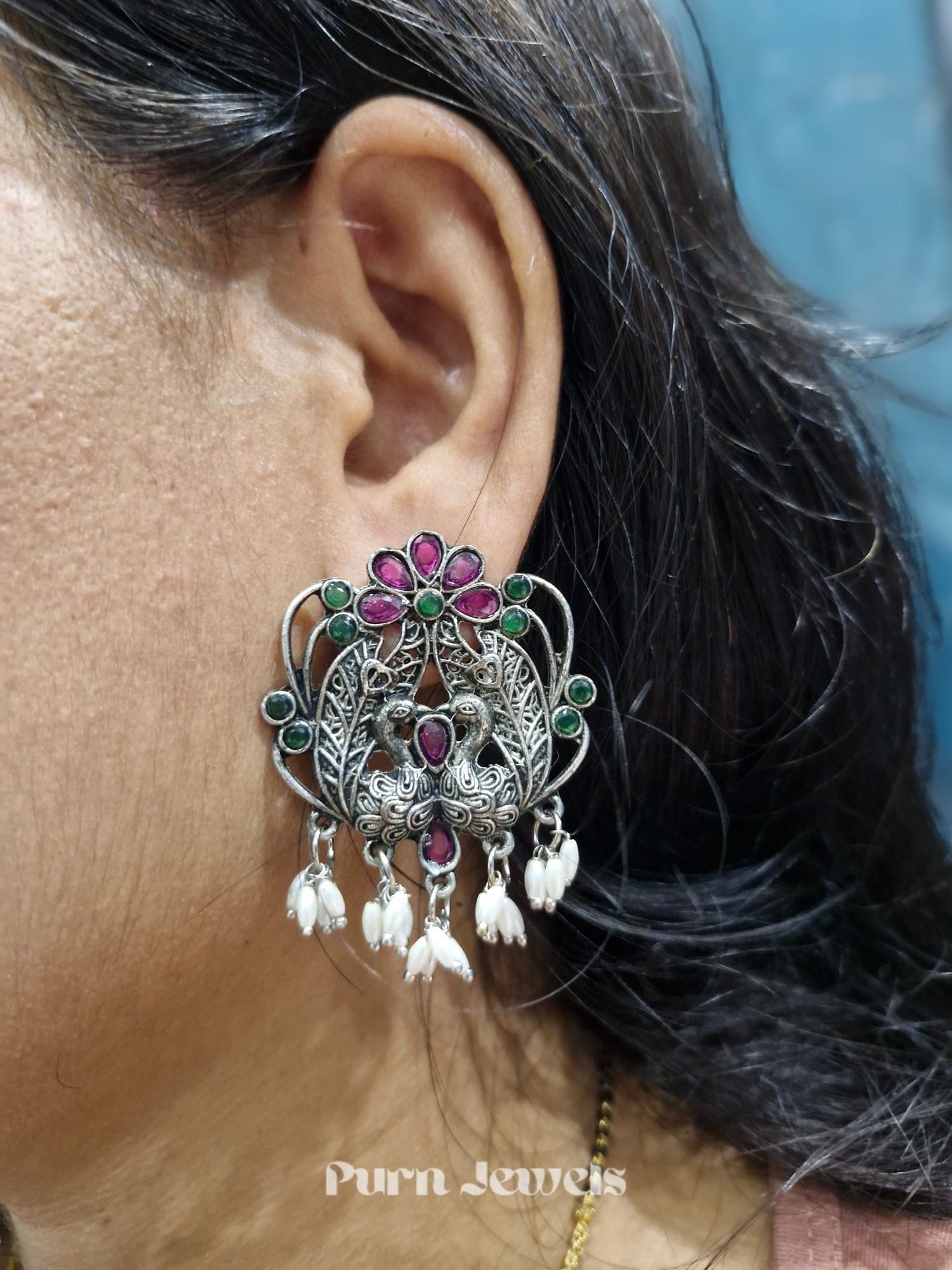 Antique Peacock Oxidised Earrings Pair