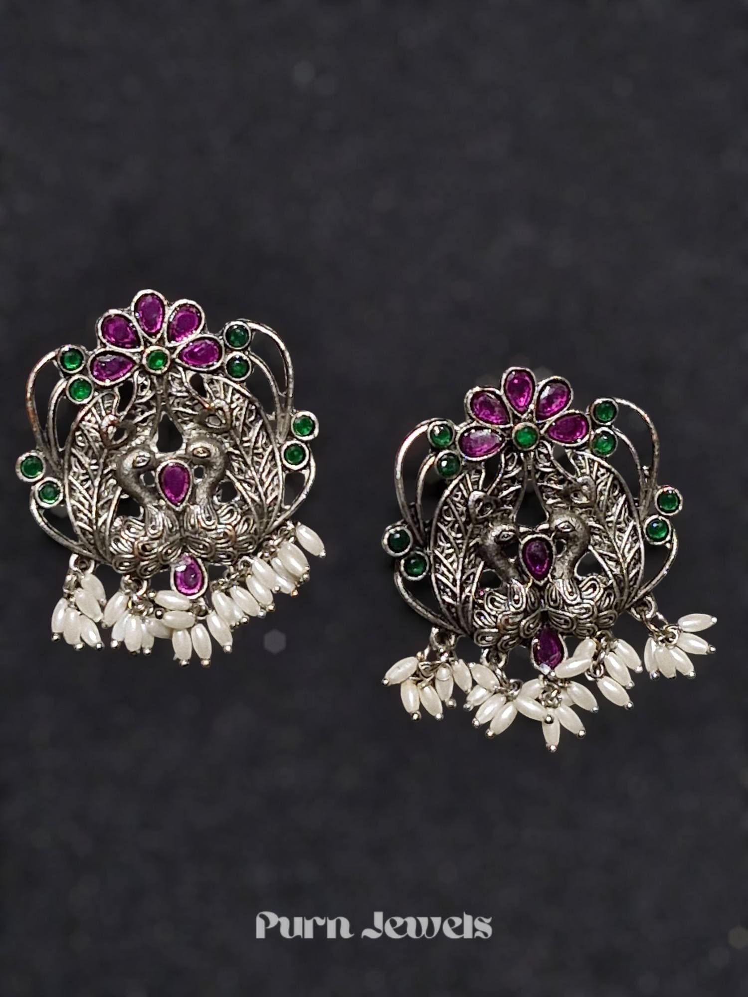 Oxidised Earrings with Peacock Motif