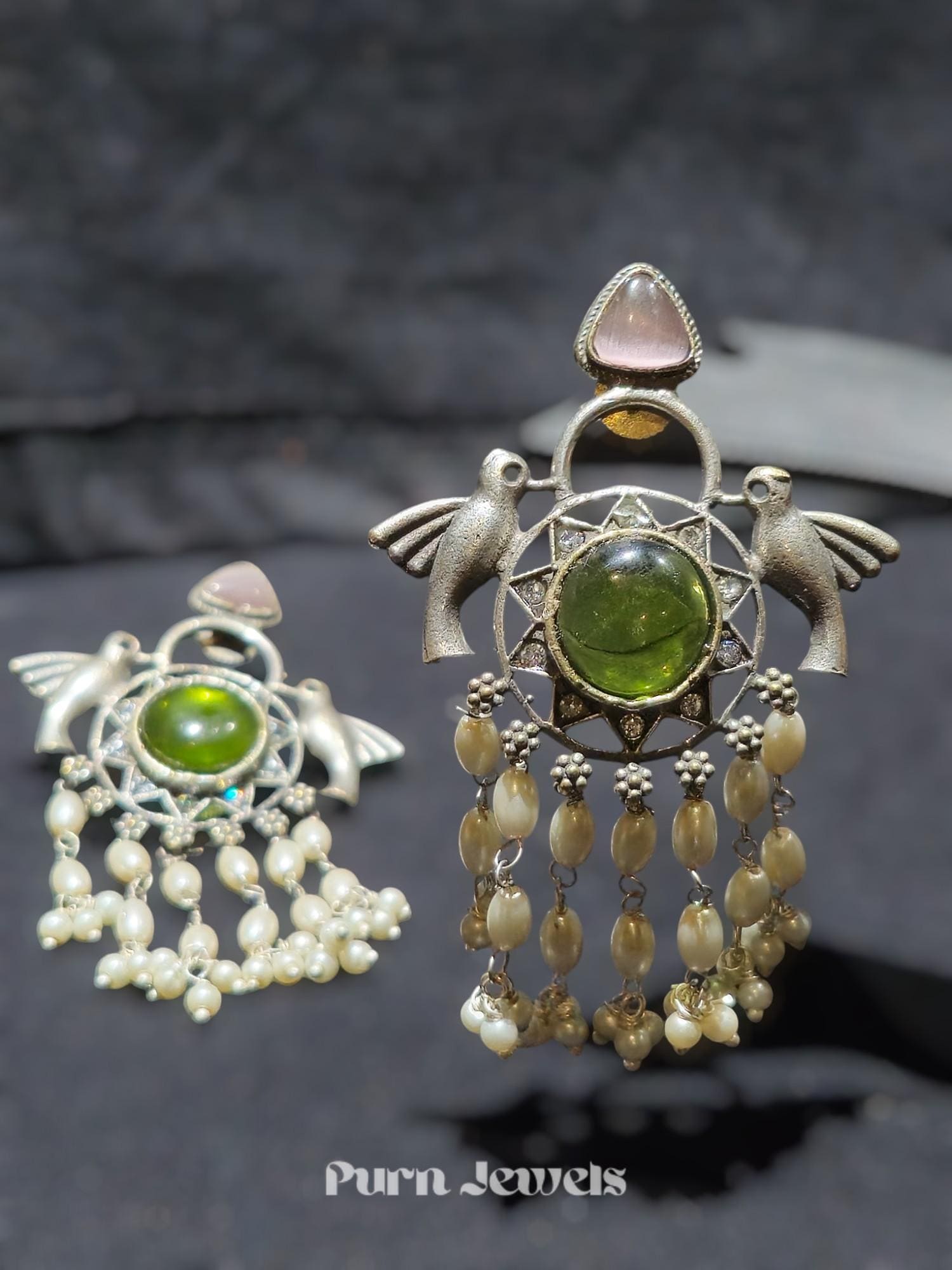 Antique Oxidised Bird Stone Earrings