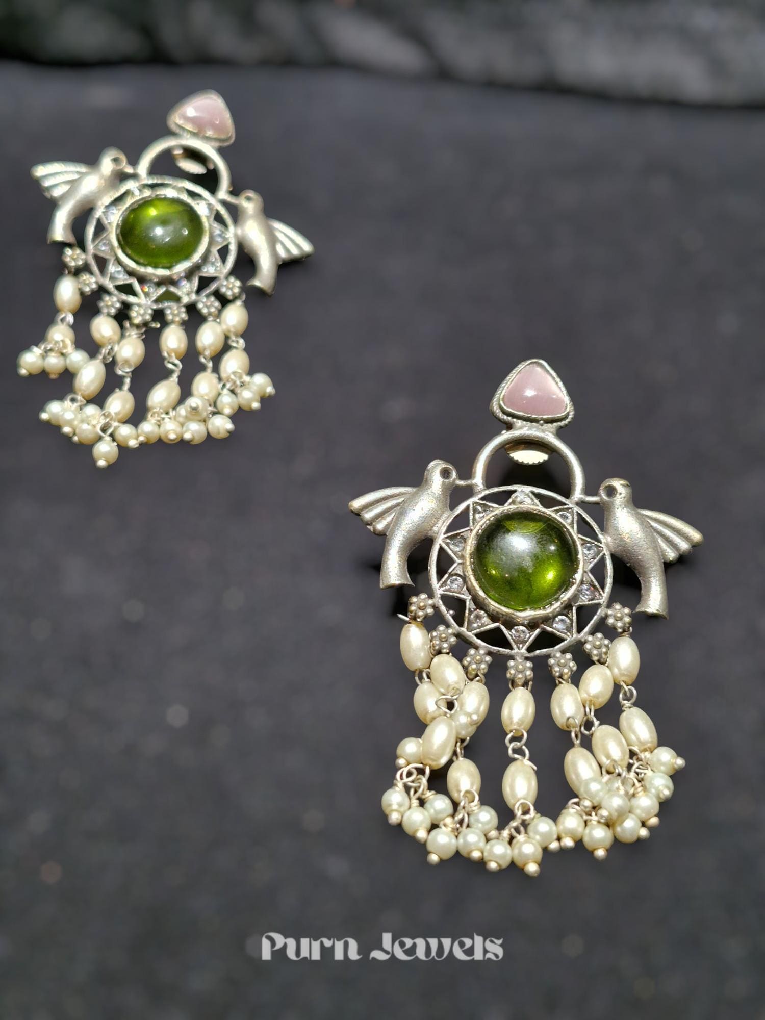 Ethnic Oxidised Bird Earrings with Stone