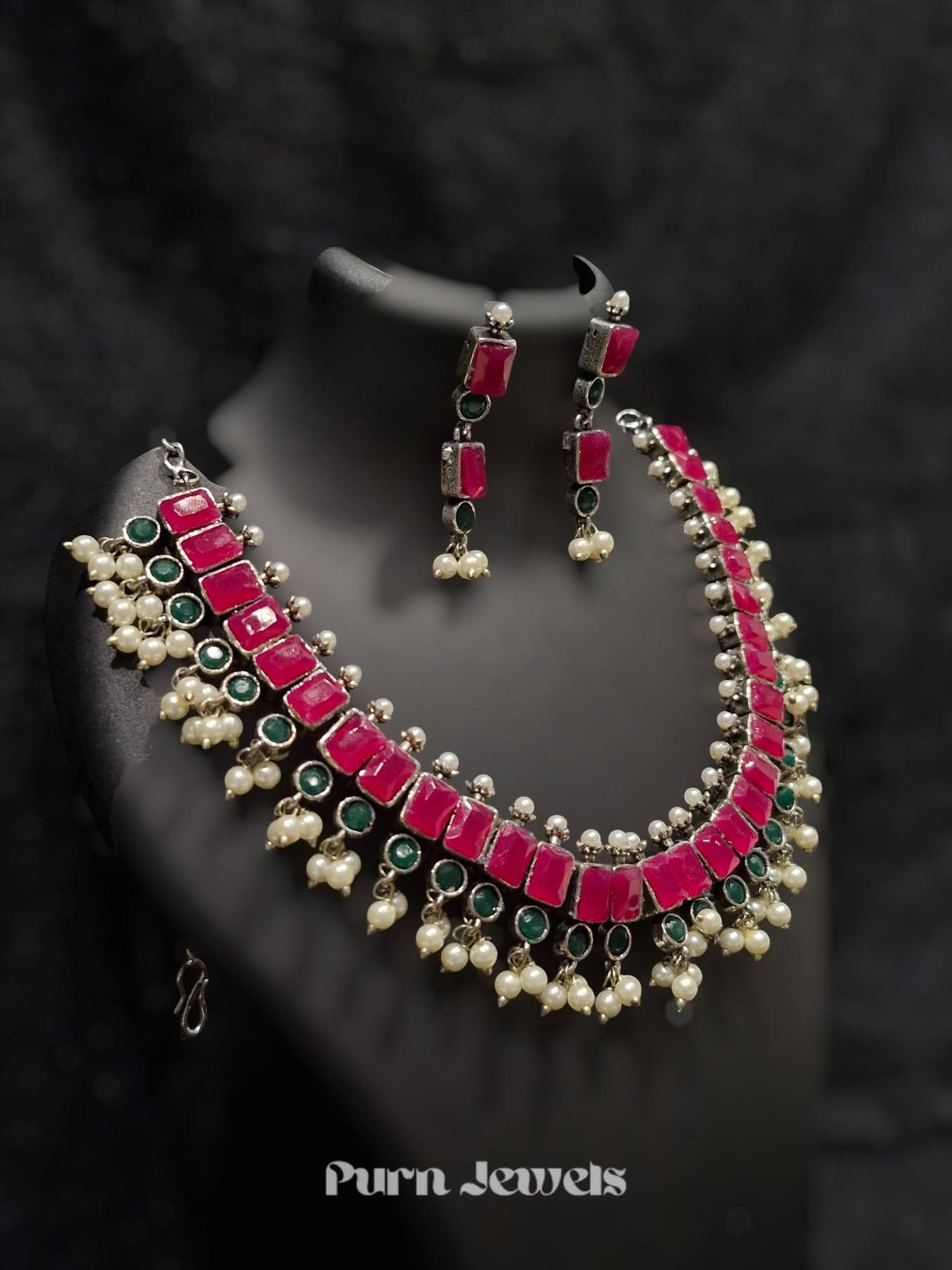 Stone Studded Oxidised Necklace Front